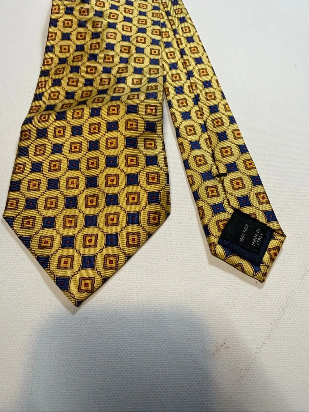 Jos. A. Bank Yellow Geometric Silk Tie with Blue and Brown Accents